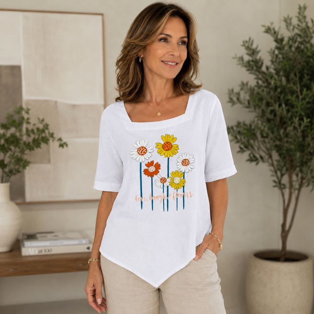 Made on Earth by Humans Top Women White Floral Sharkbite Hem Top Size L NWT